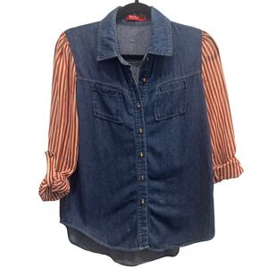 HSTYLE Denim Tunic Shirt / Top Striped‎ Red & White Long Sleeve, Button Up